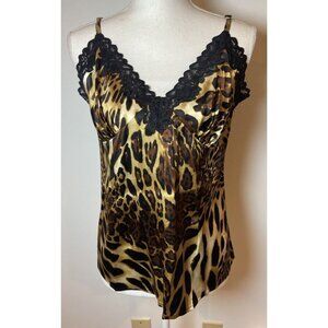 New Vintage Cache Silk Camisole Tank Brown Black Animal Print Lace Large L New
